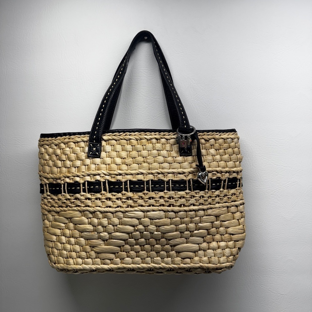 Brighton women’s straw handbag with charms, leather trim